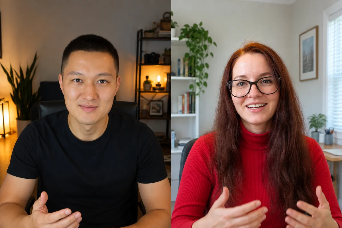 Illustrative video call with a coach and candidate in casual home offices